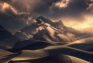 desert field, Dast, mountains, wind, sky HD wallpaper