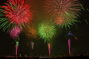 red, green, and pink fireworks at nighttime, adachi-ku