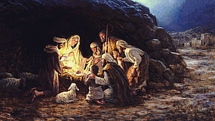 the birth of Christ digital painting, Jesus Christ, Christmas, lights, Virgin Mary