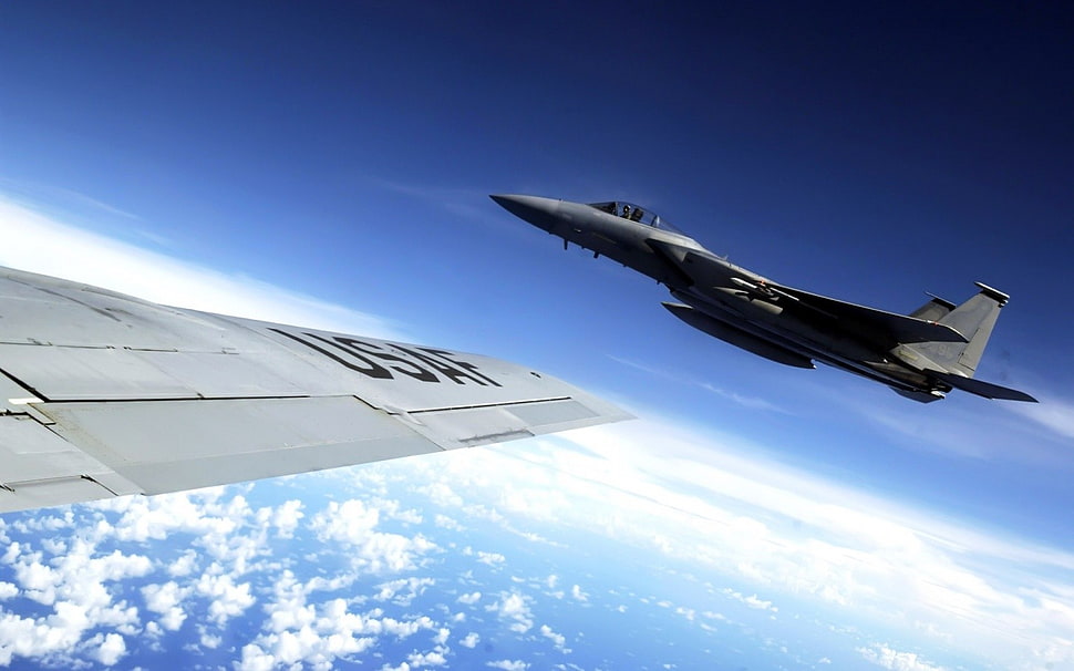 gray fighter jet, airplane, flying, clouds, pilot HD wallpaper