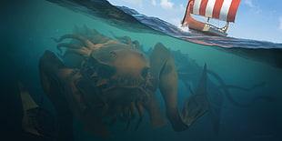 brown sea creature underwater digital wallpaper, Kraken, sea monsters HD wallpaper