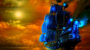blue and brown sail ship on body of water digital wallpaper, pirates, ghost ship, fantasy art, ship