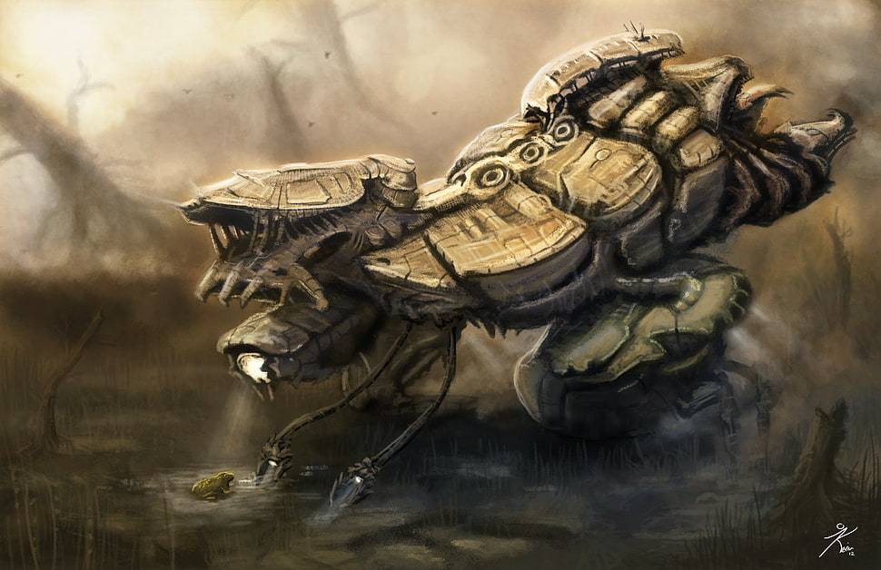 brown space ship wallpaper, creature, swamp, frog, machine HD wallpaper
