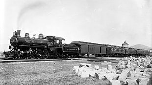 grayscale photo of coal train, train, steam locomotive, monochrome