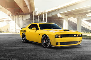 yellow coupe, Dodge Challenger SRT Hellcat, Yellow, Velgen Wheels HD wallpaper