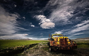 yellow truck, landscape, nature, mist, old