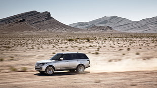black and white coupe die-cast model, Range Rover, car, silver cars, desert