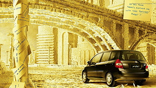 black Honda Fit 5-door hatchback, artwork, car HD wallpaper
