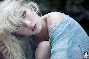 women's blue lace top, Suicide Girls, Natasha Legeyda, tattoo, blonde HD wallpaper