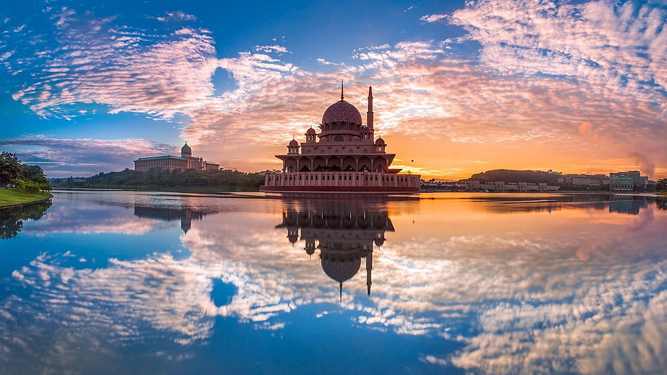 white concrete mosque, landscape, reflection, clouds HD wallpaper