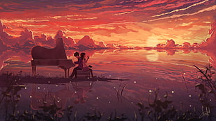 silhouette photo of couple sitting beside each other with man playing the piano on body in the middle of body of water