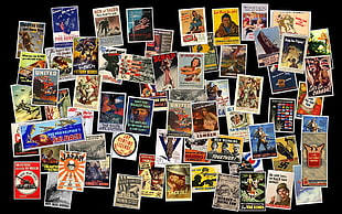assorted postage stamps, World War II, propaganda, collage