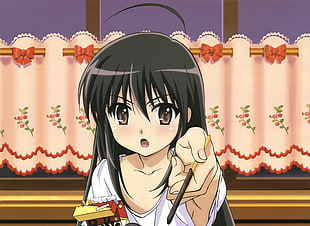 black-haired anime character holding chopstick