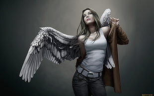 angel wearing brown leather jacket looking up high