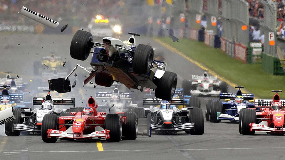 assorted Formula 1 racer cars, Formula 1, crash HD wallpaper