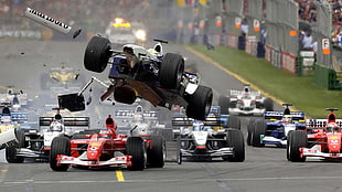 assorted Formula 1 racer cars, Formula 1, crash