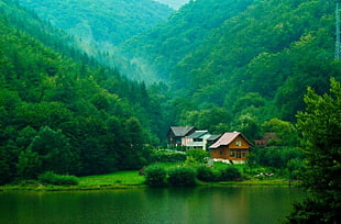 house near body of water surrounded by mountains