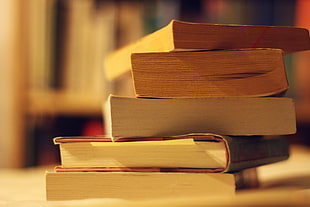 selective focus photo of layered books HD wallpaper