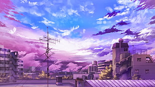 white concrete building illustration, anime, sky, cityscape, clouds