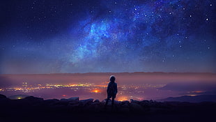 person standing at the cliff facing city during day, stars, backpacks, night, horizon