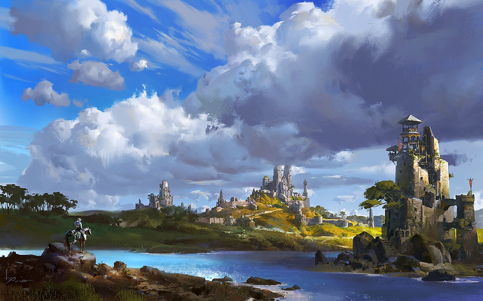 gray concrete castle painting, artwork, concept art, building, castle HD wallpaper