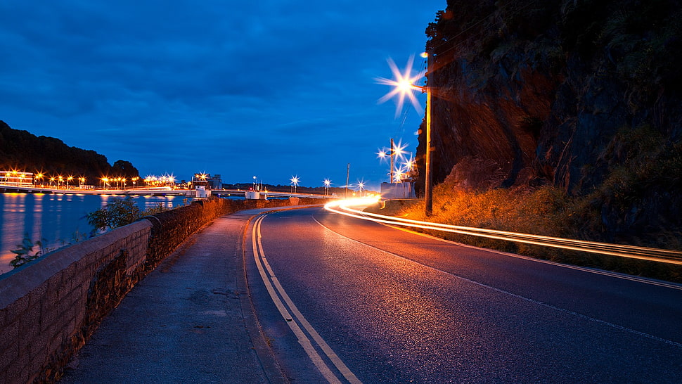 time lapse photography of road, nature, landscape, road, street light HD wallpaper