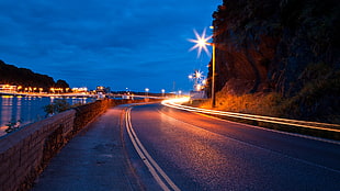 time lapse photography of road, nature, landscape, road, street light
