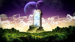 concrete archway leading to another world digital wallpaper, digital art, fantasy art