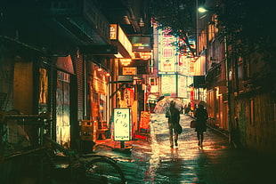 couple walking on the street painting, Japan, night, neon, Masashi Wakui HD wallpaper
