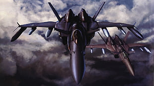 two black and gray fighter jets, military, Macross, military aircraft, vehicle
