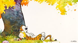 tiger and boy sleeping on tree illustration, Calvin and Hobbes, trees, fall, rest