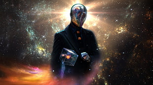 man wearing black suit jacket, robot, cube, space, space art