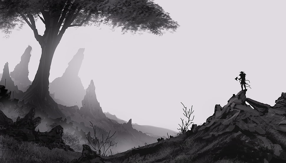 human and trees digital wallpaper, monochrome, Axe, trees, mist HD wallpaper