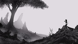 human and trees digital wallpaper, monochrome, Axe, trees, mist