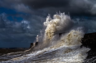 white concrete lighthouse, sea, storm, lighthouse, water