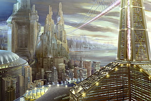 brown and white sailing ship miniature, futuristic city, science fiction, artwork