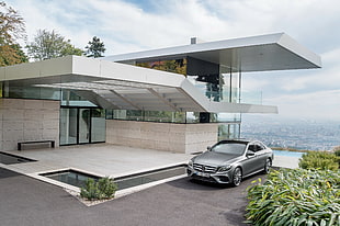 gray sedan, house, car, Mercedes Benz