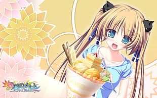 blonde female anime character wearing blue shirt while fronting a bowl of sweets