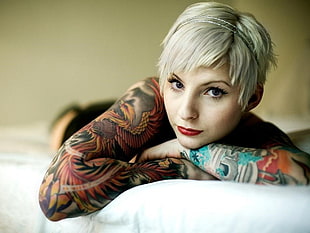 brown and gray right shoulder tattoo, tattoo, portrait HD wallpaper