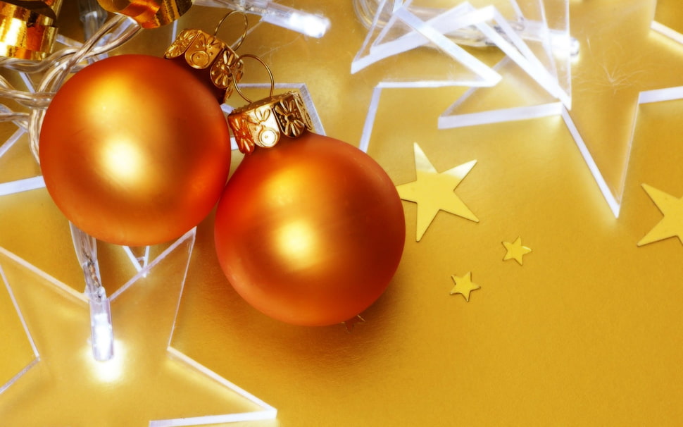 two orange baubles, New Year, snow, Christmas ornaments , stars HD wallpaper