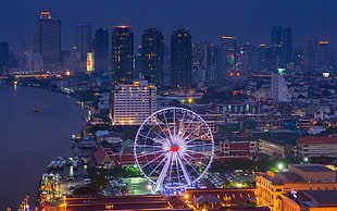 white ferris wheel, Thailand, cityscape, city lights, coast