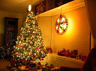 lighted Christmas tree and lantern