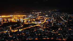 aerial view of lighted city buildings, city, lights, street light, artificial lights
