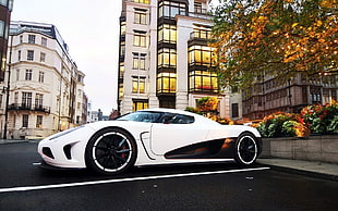 white coupe, Koenigsegg, supercars, car, city
