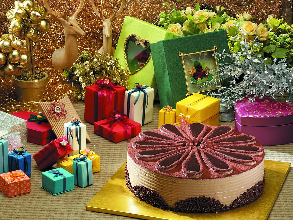assorted color gift boxes near chocolate cake HD wallpaper