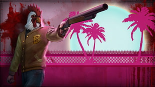 chicken head character holding gun illustration, Hotline Miami, video games, roosters, Hotline Miami 2