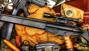 black rifle with bag and magazines HD wallpaper