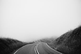 gray pavement, road, mist, monochrome HD wallpaper