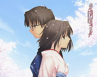 anime guy wearing glasses and woman in yukata HD wallpaper