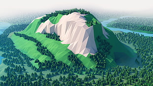 white and green minecraft mountain, low poly, 3D, Cinema 4D, digital art